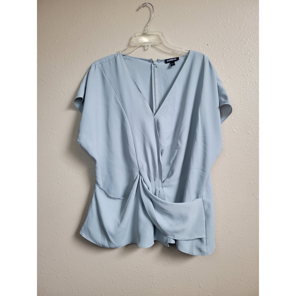 Express Women XL Light Green Twist Front V-Neck Short Sleeve Blouse Top Back Zip